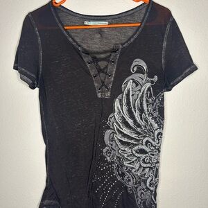 Maurices Black and Gray Lace-Up Graphic Tee